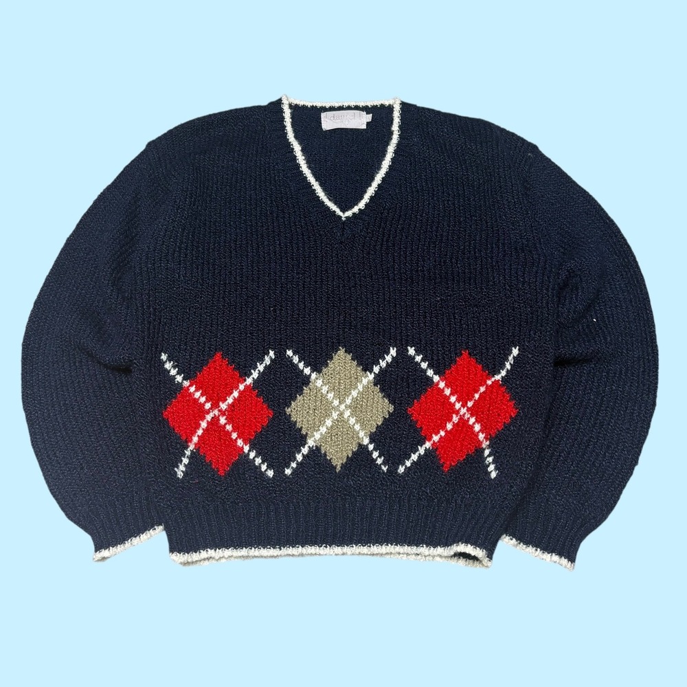 Vintage Daniel Argyle V-Neck Sweater Navy Blue Red Tan Knit Men XL